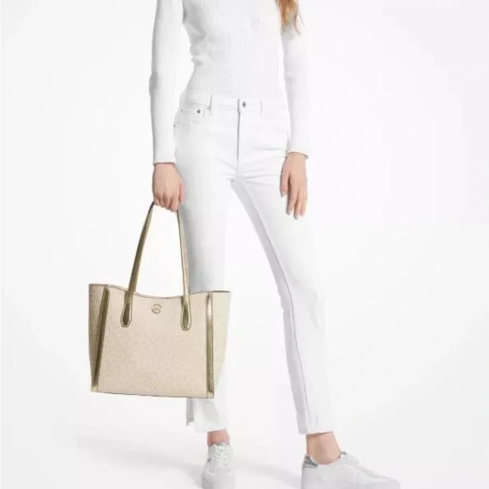 NWT MICHAEL KORS Leida Large Metallic Signature Logo Tote Bag